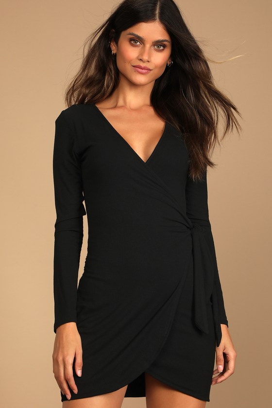 Black Long Sleeve Dress - Faux-Wrap Dress - Side-Tie Mini Dress - Lulus